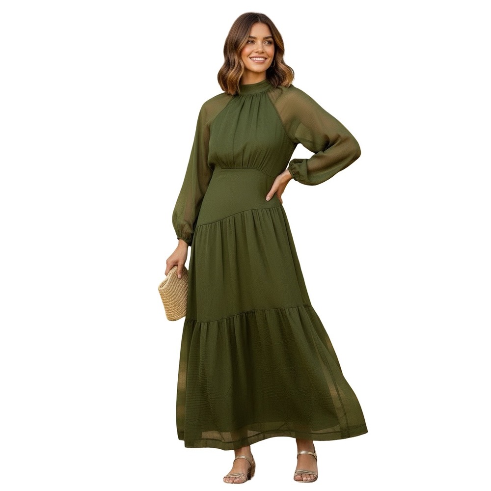 Petal & Pup Olive Green Sheer Sleeve Tiered Maxi Dress Open Back Bow Neck US M